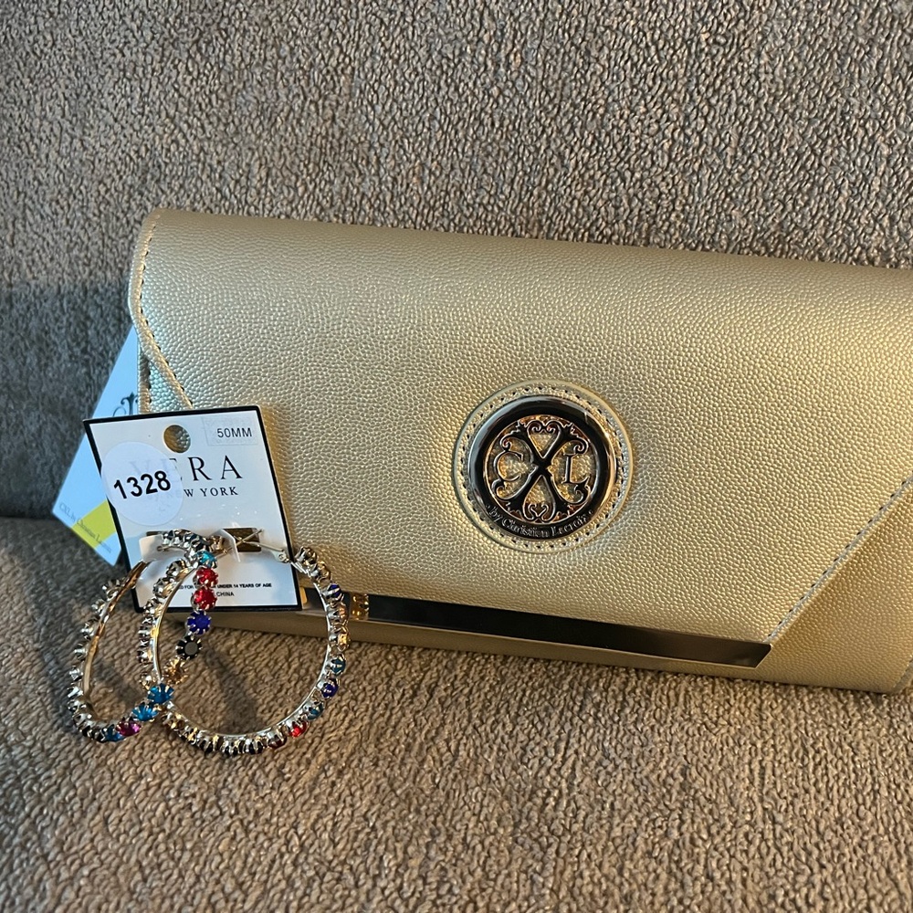 Gold Women's Clutch by Christian Lacroix and Hoope Earrings NWT